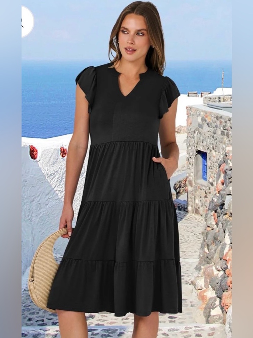 Entro black tiered pocketed midi dress ruffle sleeves V-neck size Medium